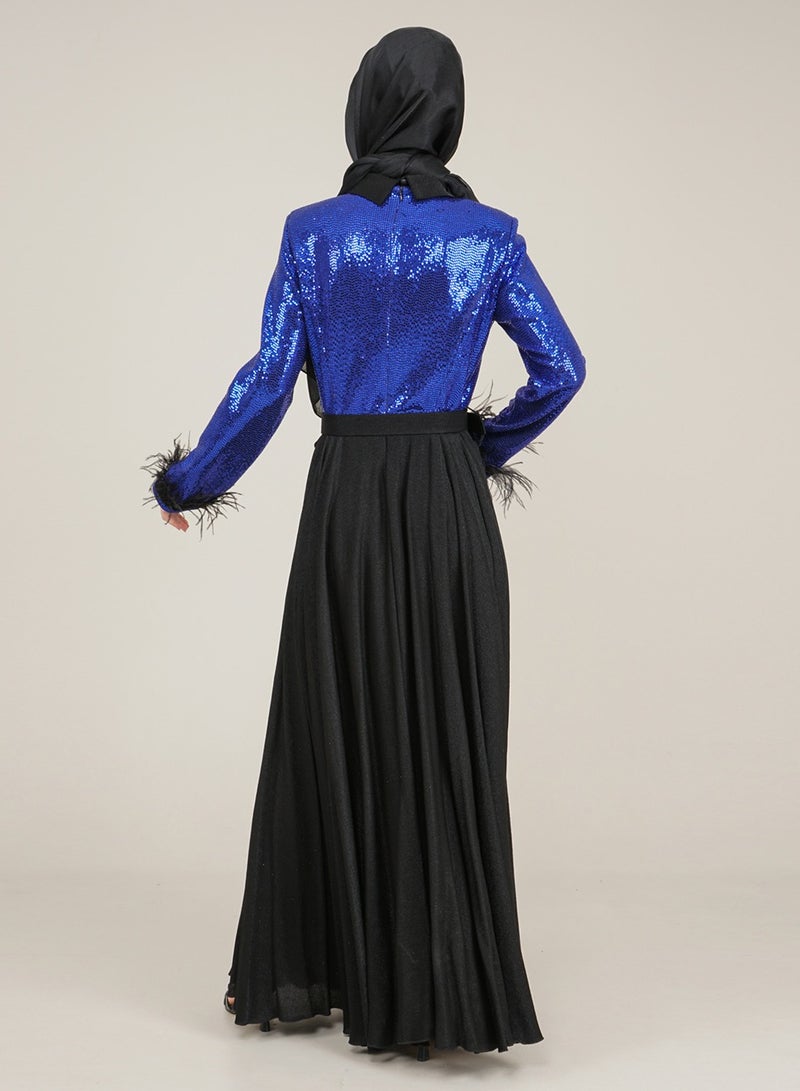 Lamora Women's Long Dress with Sleeves Tassel Sequined and Belt Evening Dress for Special Occasions Royal Blue - Image 5