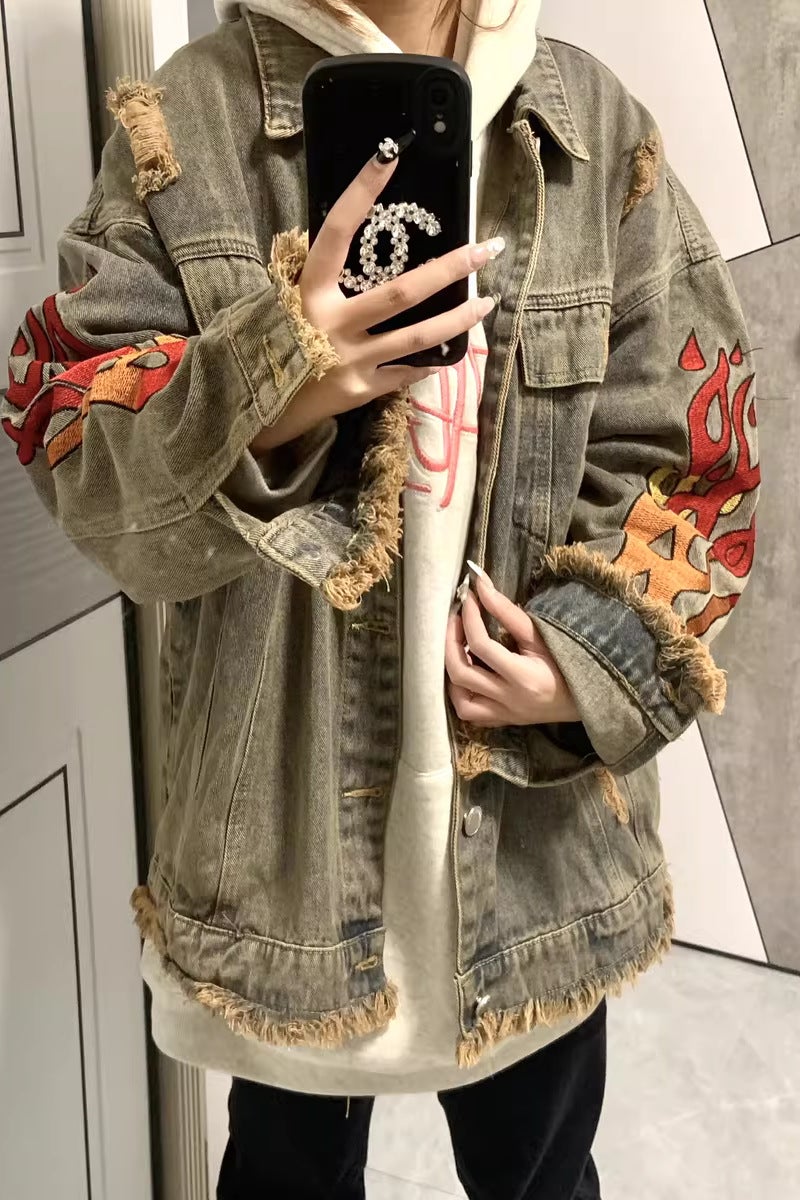 Wang Jiaer Flame Ripped Washed Old Denim Jacket Trendy American vintage All-match Loose Jacket Retro 