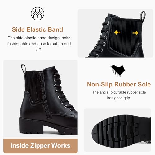 Vepose Women's Black Ankle Boots, Combat Lace up Booties, 916 Size 8 US - with Inner Zipper and Elastic Band (CJY916 Black 08) - Image 3