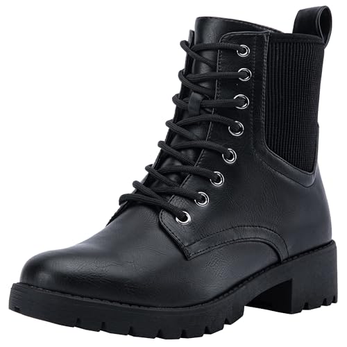 Vepose Women's Black Ankle Boots, Combat Lace up Booties, 916 Size 8 US - with Inner Zipper and Elastic Band (CJY916 Black 08) - Image 1