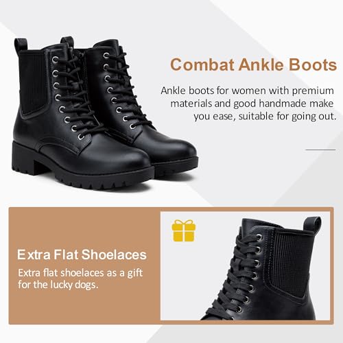 Vepose Women's Black Ankle Boots, Combat Lace up Booties, 916 Size 8 US - with Inner Zipper and Elastic Band (CJY916 Black 08) - Image 5