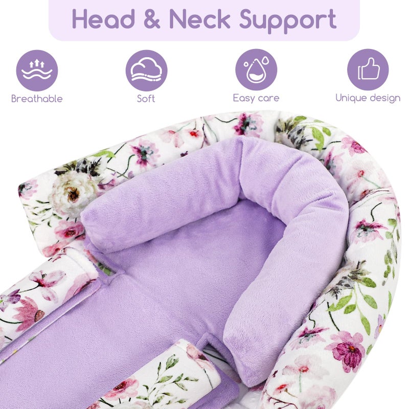 GFU Baby Car Seat Head Support for Newborn, 2 in 1 Infant Car Seat Head Body Support with Strap Pads, Soft Stroller Cushion Pillow Insert for Girls and Boys, Fits for Stroller, Swing, Purple Floral - Image 2