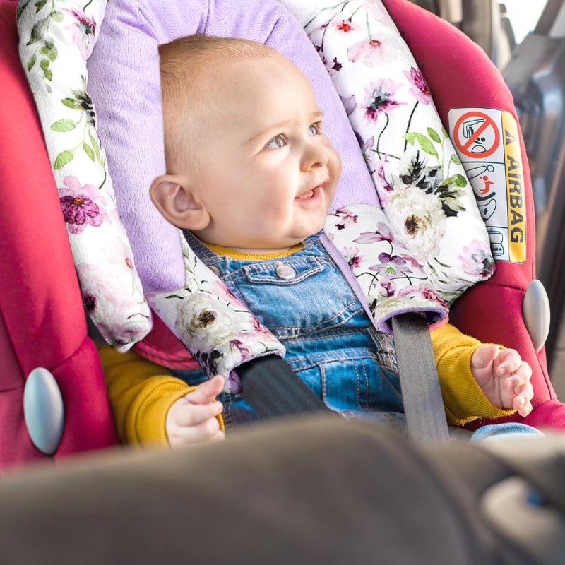 GFU Baby Car Seat Head Support for Newborn, 2 in 1 Infant Car Seat Head Body Support with Strap Pads, Soft Stroller Cushion Pillow Insert for Girls and Boys, Fits for Stroller, Swing, Purple Floral - Image 5