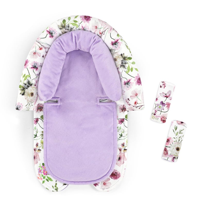 GFU Baby Car Seat Head Support for Newborn, 2 in 1 Infant Car Seat Head Body Support with Strap Pads, Soft Stroller Cushion Pillow Insert for Girls and Boys, Fits for Stroller, Swing, Purple Floral - Image 1