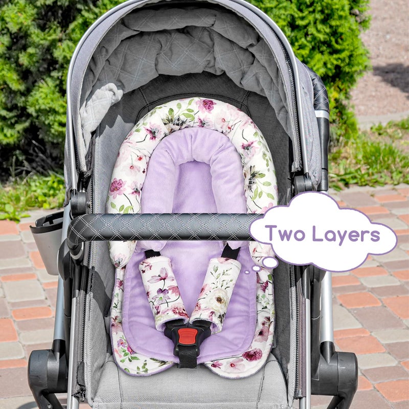 GFU Baby Car Seat Head Support for Newborn, 2 in 1 Infant Car Seat Head Body Support with Strap Pads, Soft Stroller Cushion Pillow Insert for Girls and Boys, Fits for Stroller, Swing, Purple Floral - Image 4