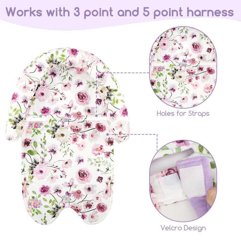GFU Baby Car Seat Head Support for Newborn, 2 in 1 Infant Car Seat Head Body Support with Strap Pads, Soft Stroller Cushion Pillow Insert for Girls and Boys, Fits for Stroller, Swing, Purple Floral - Image 3