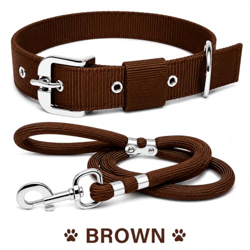 VIPCOLLECTION VIP Collection Dog Collar & Rope Leash Set – Adjustable Nylon Collar (1 Inch, Medium, 16"-25") with 5ft Braided Nylon Leash, Durable for Walking, Training & Running, Brown, for All Breeds - Image 2