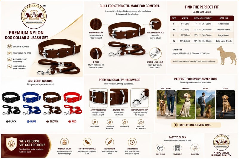 VIPCOLLECTION VIP Collection Dog Collar & Rope Leash Set – Adjustable Nylon Collar (1 Inch, Medium, 16"-25") with 5ft Braided Nylon Leash, Durable for Walking, Training & Running, Brown, for All Breeds - Image 5