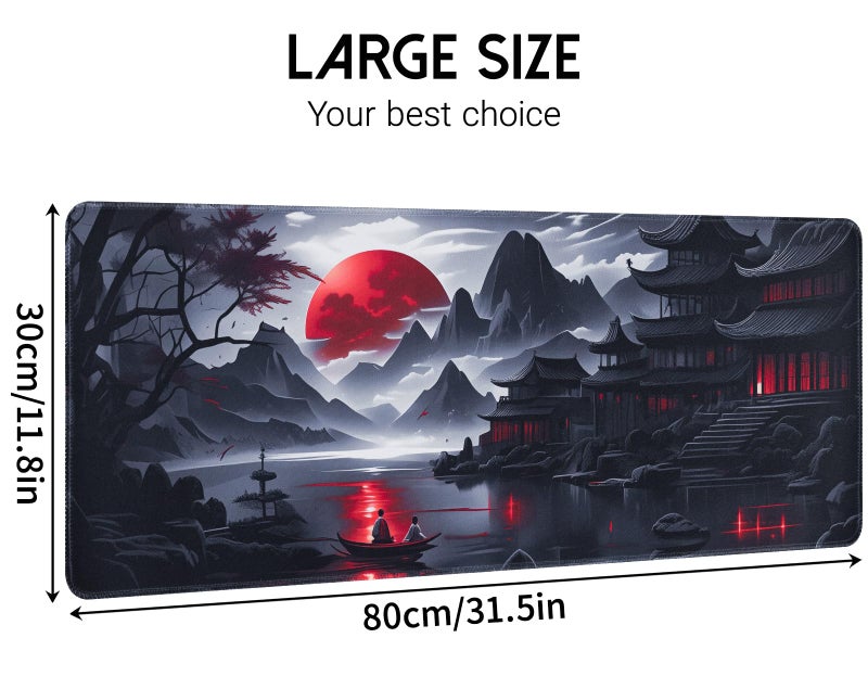 Vanzard Large Gaming Mouse Pad, Anime Black Mousepad with Stitched Edges, Expanded Cool Desk Mat, Japanese Red Moon XL Keyboard Mat Suitable for Home Office,31.5 X 11.8 Inch - Image 2