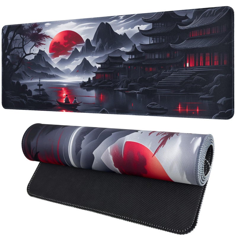 Vanzard Large Gaming Mouse Pad, Anime Black Mousepad with Stitched Edges, Expanded Cool Desk Mat, Japanese Red Moon XL Keyboard Mat Suitable for Home Office,31.5 X 11.8 Inch - Image 1