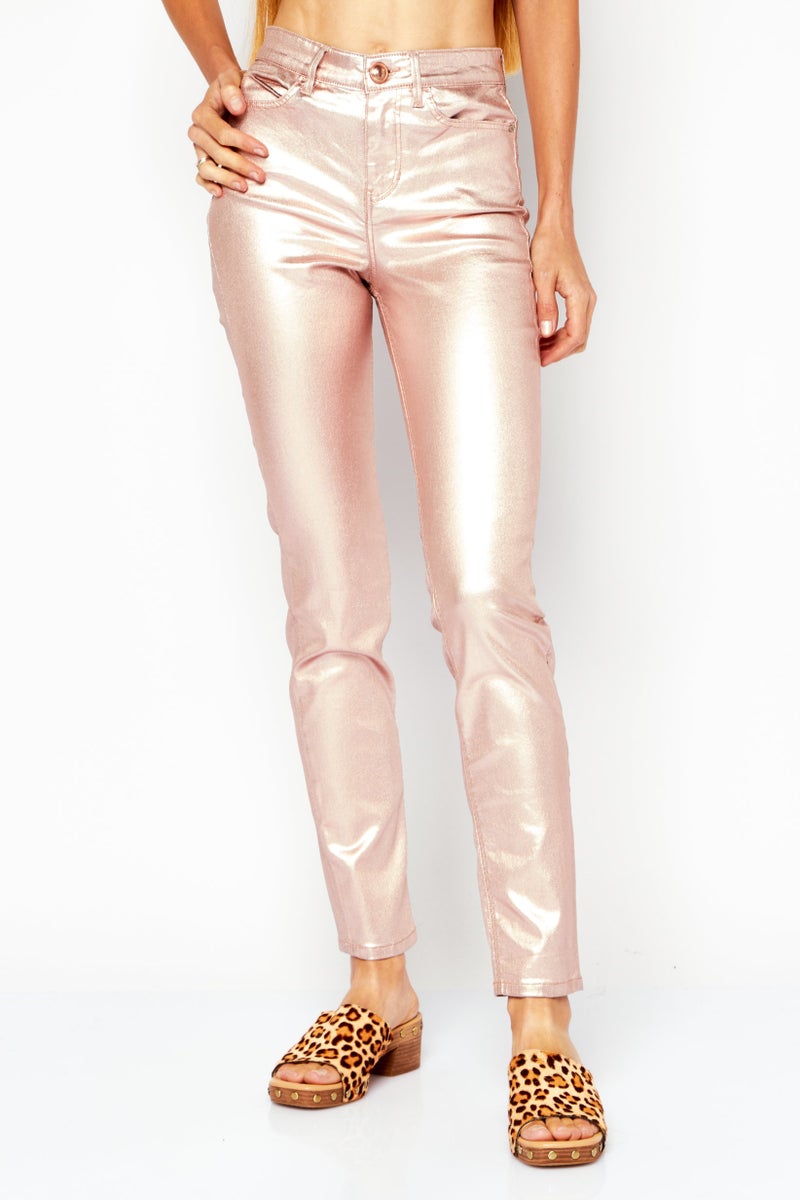 GUESS Women Metallic Skinny Fit Pants, Pink - Image 1