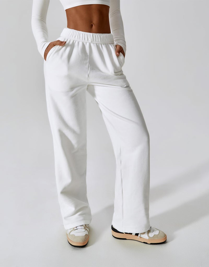 ABOCIW Sweatpants for Women Fleece Lined Baggy Elastic High Waisted Sweat Pants Straight Wide Leg Athletic Joggers Casual Loose Lounge Pants with Pockets White Small - Image 4
