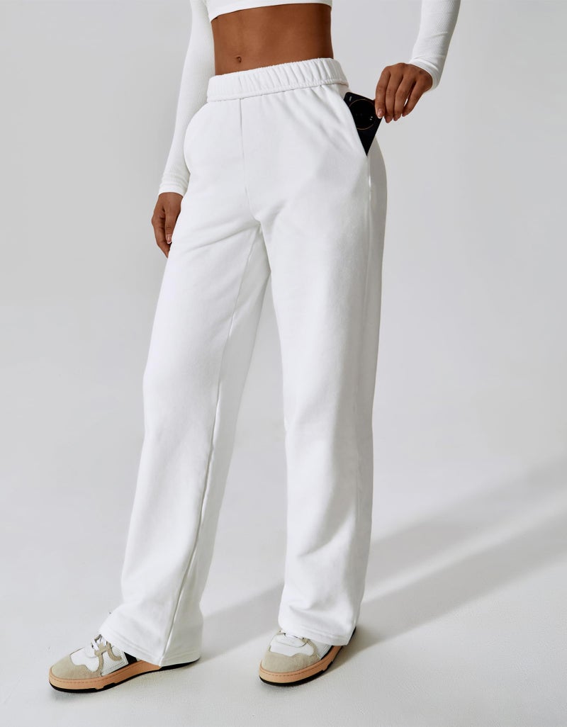 ABOCIW Sweatpants for Women Fleece Lined Baggy Elastic High Waisted Sweat Pants Straight Wide Leg Athletic Joggers Casual Loose Lounge Pants with Pockets White Small - Image 3