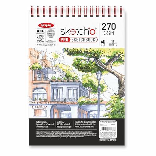 Anupam Sketch-O Pro Sketchbook A5 | 15 Sheets - 30 Pages | 270GSM | Durable Acid Free Drawing Paper |Top Spiral-Bound Sketchpad for Kids & Professionals for Marker Pen, Colored Pencil, Charcoal, Water Colour & Inks (Pack of 3) - Image 1