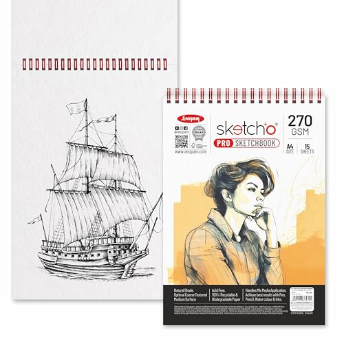 Anupam Sketch-O Pro Sketchbook A5 | 15 Sheets - 30 Pages | 270GSM | Durable Acid Free Drawing Paper |Top Spiral-Bound Sketchpad for Kids & Professionals for Marker Pen, Colored Pencil, Charcoal, Water Colour & Inks (Pack of 3) - Image 5