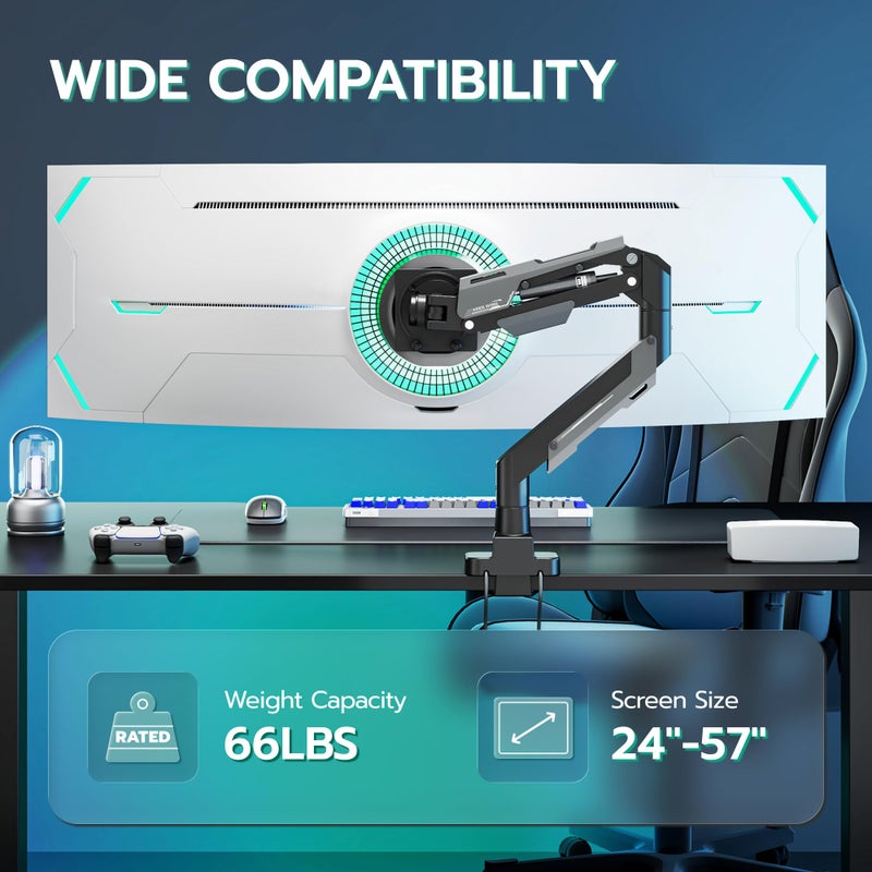 ARES WING Heavy Duty Ultrawide Monitor Arm - Gas Spring Aluminum Monitor Mount with USB for 24"-57" Curved Screens up to 66 lbs with Clamp/Grommet Desk Mount, 75/100/200 Vesa Mount, Black - Image 3