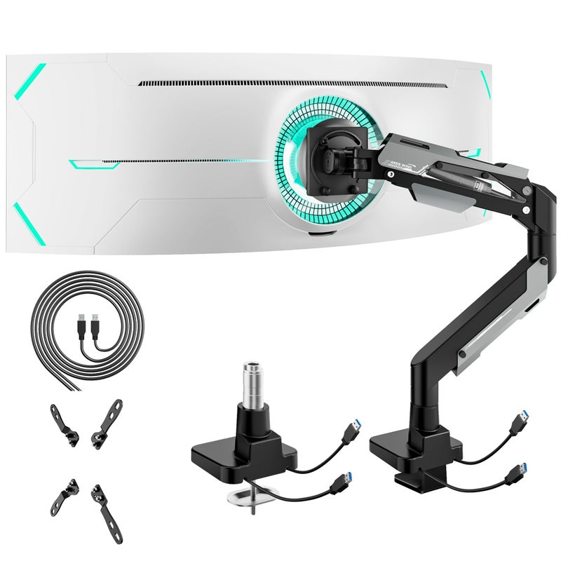 ARES WING Heavy Duty Ultrawide Monitor Arm - Gas Spring Aluminum Monitor Mount with USB for 24"-57" Curved Screens up to 66 lbs with Clamp/Grommet Desk Mount, 75/100/200 Vesa Mount, Black - Image 1