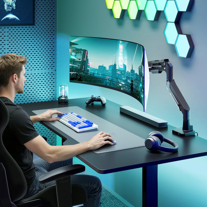 ARES WING Heavy Duty Ultrawide Monitor Arm - Gas Spring Aluminum Monitor Mount with USB for 24"-57" Curved Screens up to 66 lbs with Clamp/Grommet Desk Mount, 75/100/200 Vesa Mount, Black - Image 2