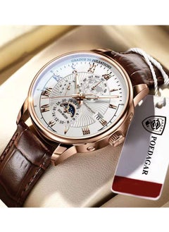 Brown leather belt, rose gold shell, white face