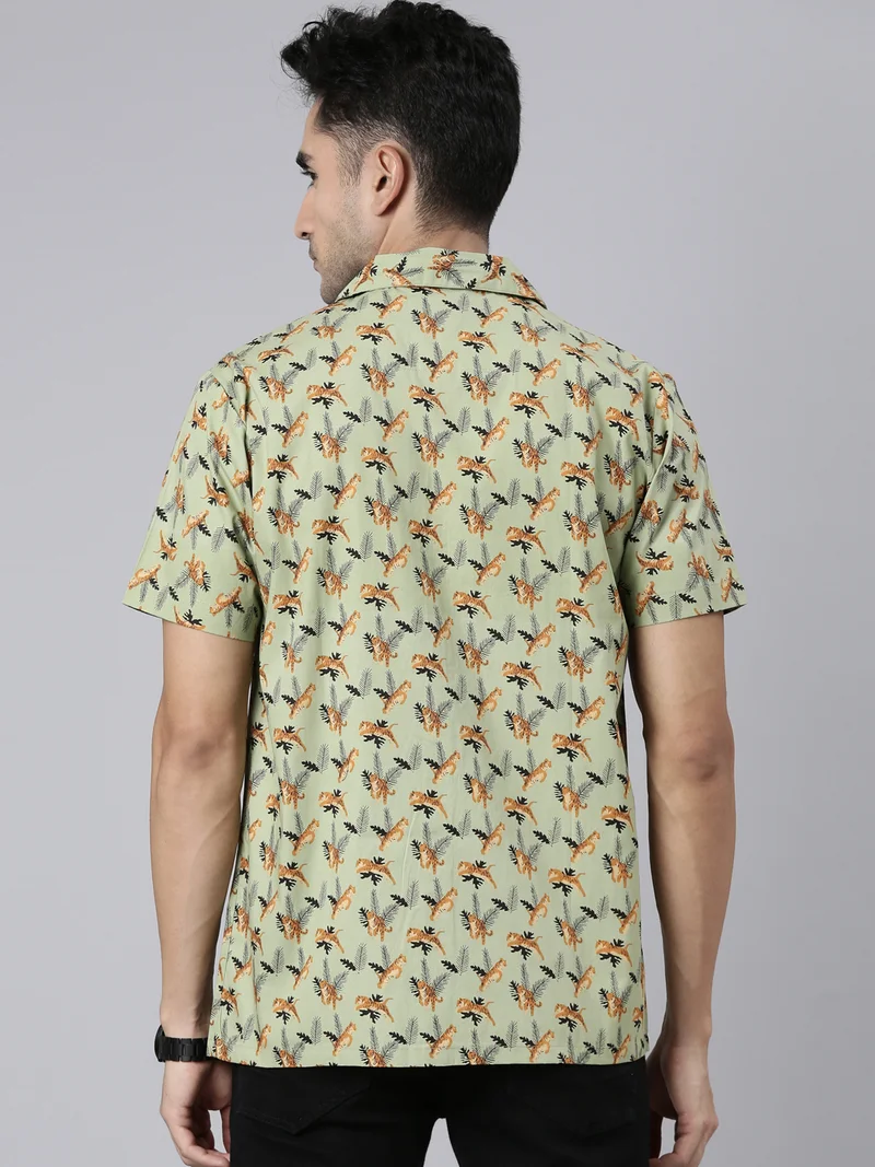 Joven Green Printed Camp Collar Casual Shirt for Men