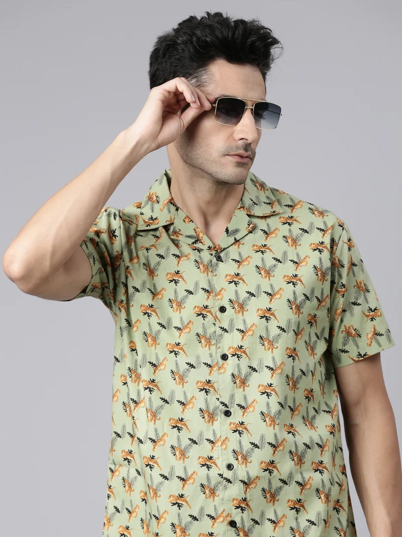 Joven Green Printed Camp Collar Casual Shirt for Men