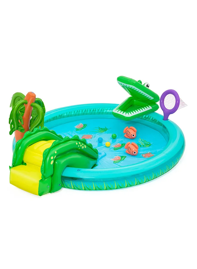 Bestway Crocodile Cove Inflatable Kids Play Center with Splash Pool, Water Slide, Ball Toss Game, Net Play Area, Interactive Toys, Outdoor Water Activity Set, Repair Patch Included, 2.24m x 1.81m x 72cm