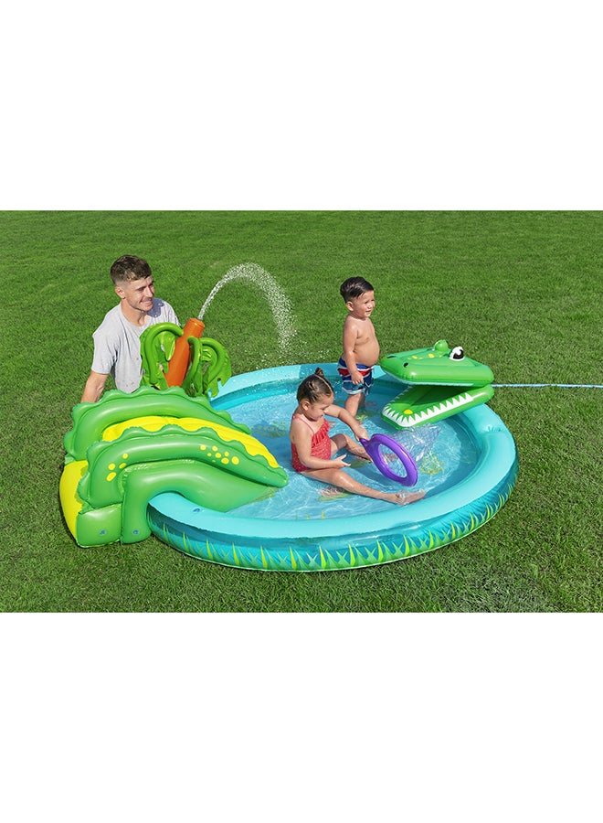 Bestway مركز لعب الأطفال القابل للنفخ على شكل كوف تمساح مع بركة رذاذ، منزلق مائي، لعبة رمي الكرات، منطقة لعب بشبكة، ألعاب تفاعلية، مجموعة نشاط مائي خارجية، مع رقعة إصلاح، 2.24m x 1.81m x 72cm - Image 4