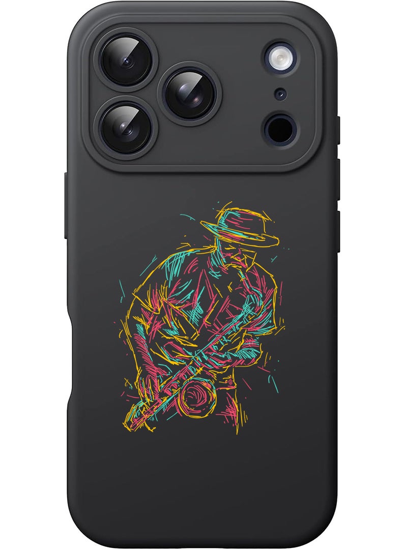 Theodor Protective Slim Fit Case Liquid Silicone Cover with Full Body Protection Anti-Scratch Shockproof Case For Apple iPhone 17 Pro Max (Black) Abstract saxophone - Image 1