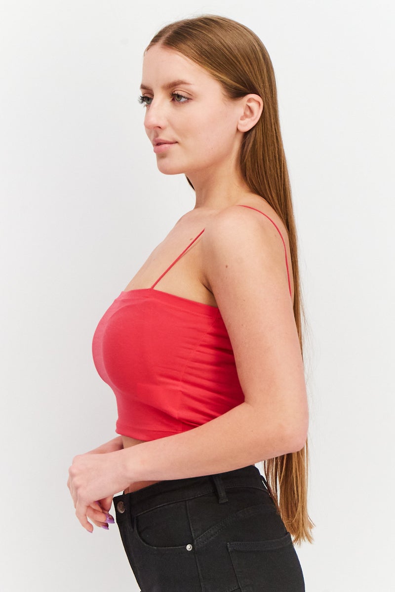 Sinsay Women Square Neck Spaghetti Sleeve Solid Top, Dark Pink  - Image 3