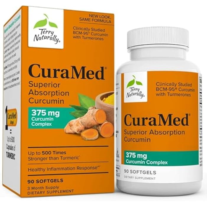 Terry Naturally CuraMed 375mg - Antioxidant Supplement for Brain & Immune Health Support - Dietary Supplement with Curcumin & Turmeric Essential Oil - Herbal Liver Support - 90 Softgels - Image 1