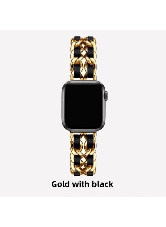 For Iwatch Se Watch Strap For Apple Xiaoxiang Style Strap For Apple Watch 1-7 Generation Stainless Steel Chain-Color:Gold With Black-Exterior Dimension:38/40/41mm