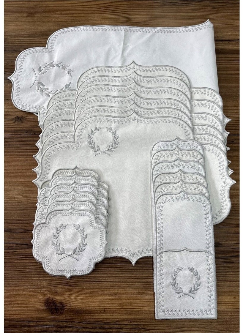Bonny Home Başak Cream Silver 8 Person 25 Piece American Service and Runner Set Embroidered Leather Dinner Presentation Set  - Image 1