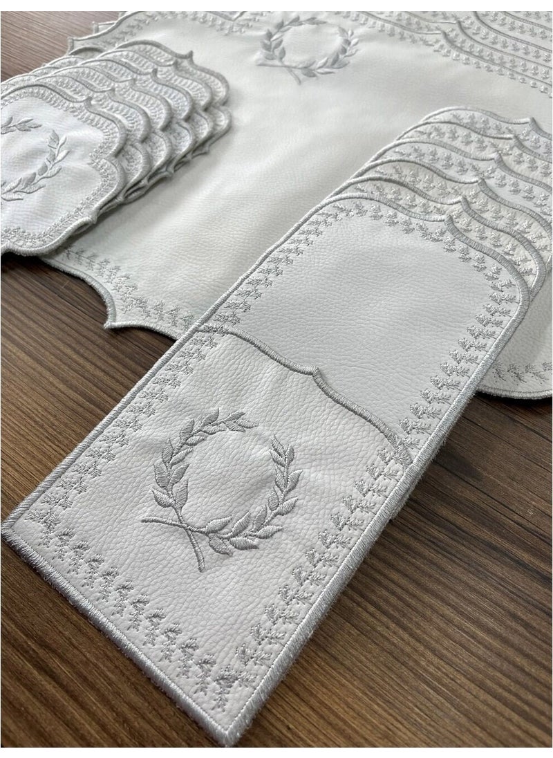Bonny Home Başak Cream Silver 8 Person 25 Piece American Service and Runner Set Embroidered Leather Dinner Presentation Set  - Image 3