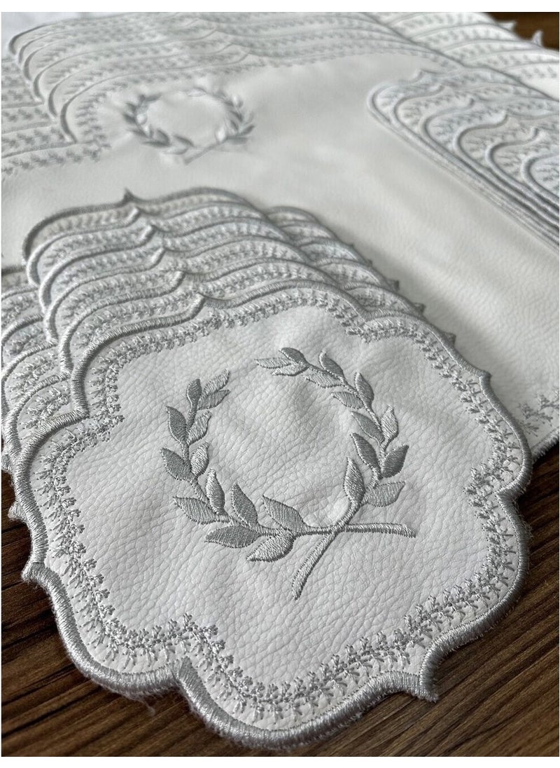 Bonny Home Başak Cream Silver 8 Person 25 Piece American Service and Runner Set Embroidered Leather Dinner Presentation Set  - Image 2