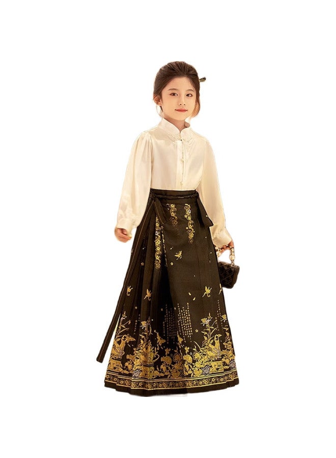 ROMON Hanfu Girls' Horse-Face Skirt, Chinese-Style Girls' Outfit, Performance Costume, Jin Yu Gold-Threaded Horse-Face Skirt Two-Piece Set, 130 - Image 2