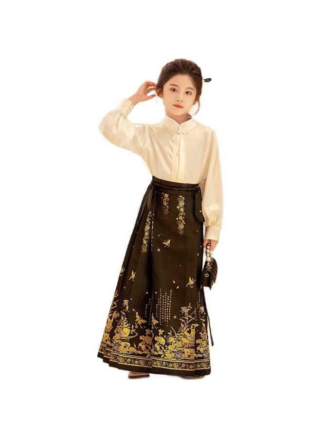 ROMON Hanfu Girls' Horse-Face Skirt, Chinese-Style Girls' Outfit, Performance Costume, Jin Yu Gold-Threaded Horse-Face Skirt Two-Piece Set, 130 - Image 1