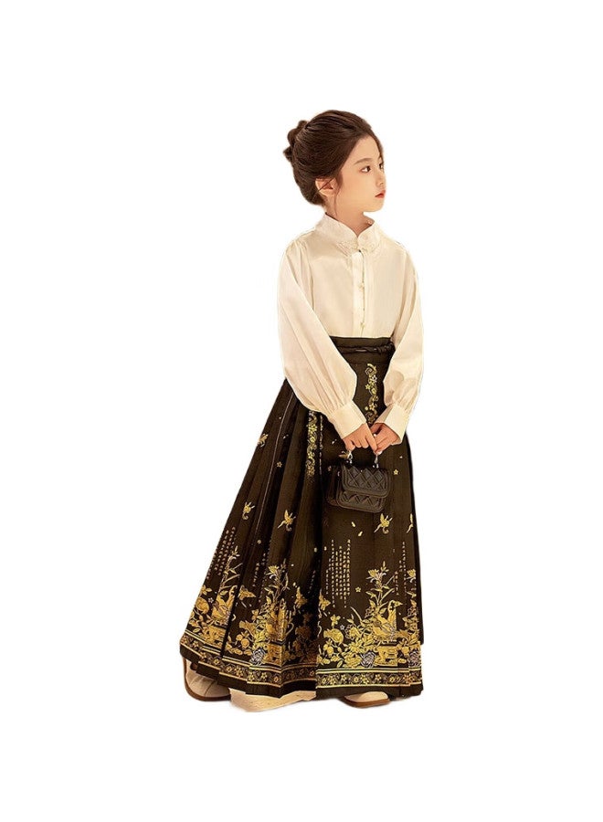 ROMON Hanfu Girls' Horse-Face Skirt, Chinese-Style Girls' Outfit, Performance Costume, Jin Yu Gold-Threaded Horse-Face Skirt Two-Piece Set, 130 - Image 3