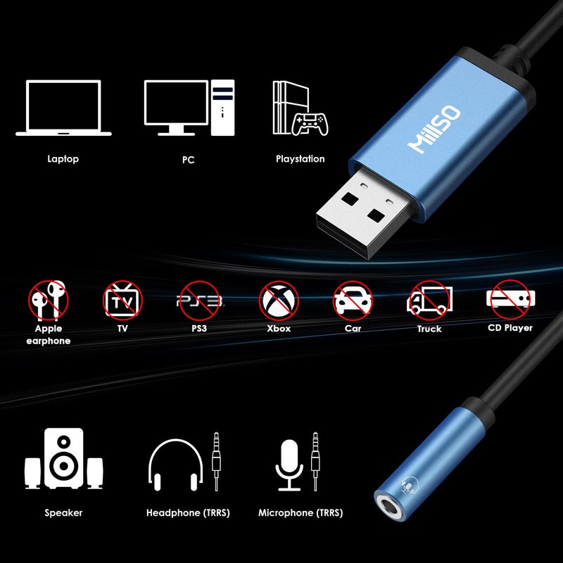 MillSO USB to 3.5mm Audio Jack Adapter, Sapphire Blue TRRS USB to AUX Audio Jack External Stereo Sound Card for Headphone, Speaker, PS4, PS5, PC, Laptop, Desktops - 1 Feet - Image 4