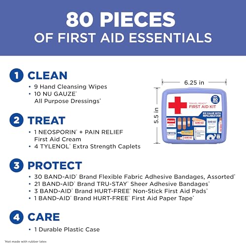 BAND-AID Brand Travel Ready Portable Emergency First Aid Kit for Minor Wound Care, Perfect for Home, Car, Travel, Camping Essentials & Outdoor Emergency Kit, 80 Pieces - Image 4