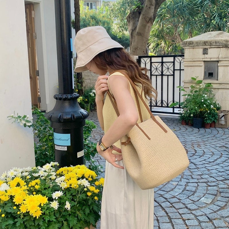 Summer Portable Vegetable Basket Bag Large Capacity Straw Tote Bag High-End Beach Holiday Shoulder Bag - Image 3