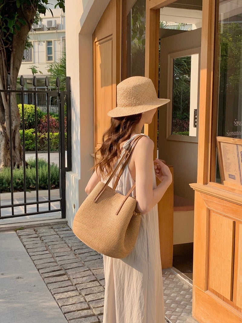 Summer Portable Vegetable Basket Bag Large Capacity Straw Tote Bag High-End Beach Holiday Shoulder Bag - Image 1