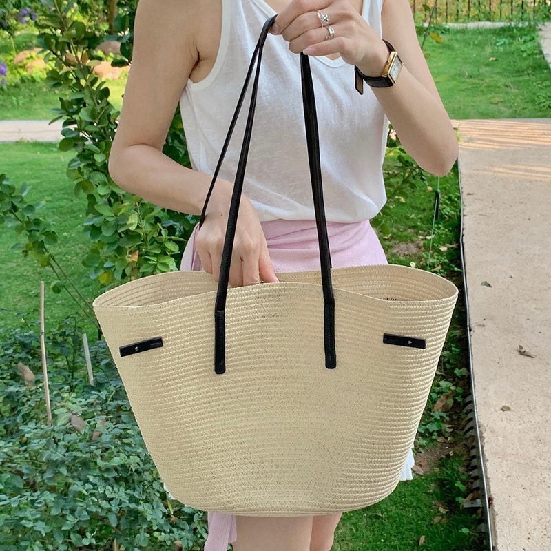 Summer Portable Vegetable Basket Bag Large Capacity Straw Tote Bag High-End Beach Holiday Shoulder Bag - Image 4