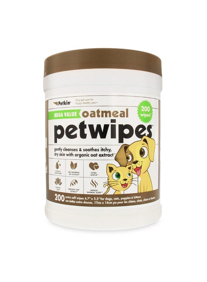 Petkin Mega PetWipes, 200 Wipes - Oatmeal Pet Wipes for Dogs and Cats, Use on Face, Paws, Ears, Body and Eye Area - Ideal for Home or Travel - Image 1