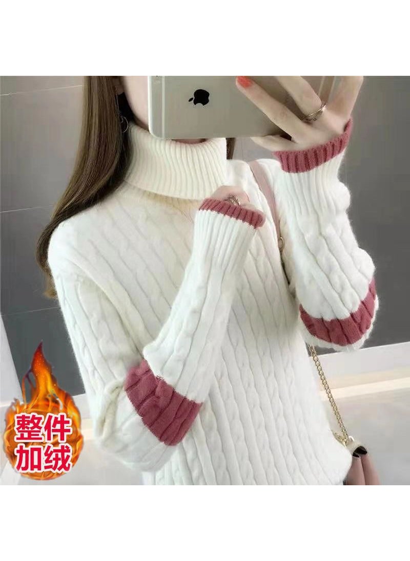 Generic - High-neck Thickened Wool Coat Women Autumn Winter Style Warm Long Sleeve Innerwear Base Knitted Shirt Urban Style Off-white [velvet thickened version] - Image 1