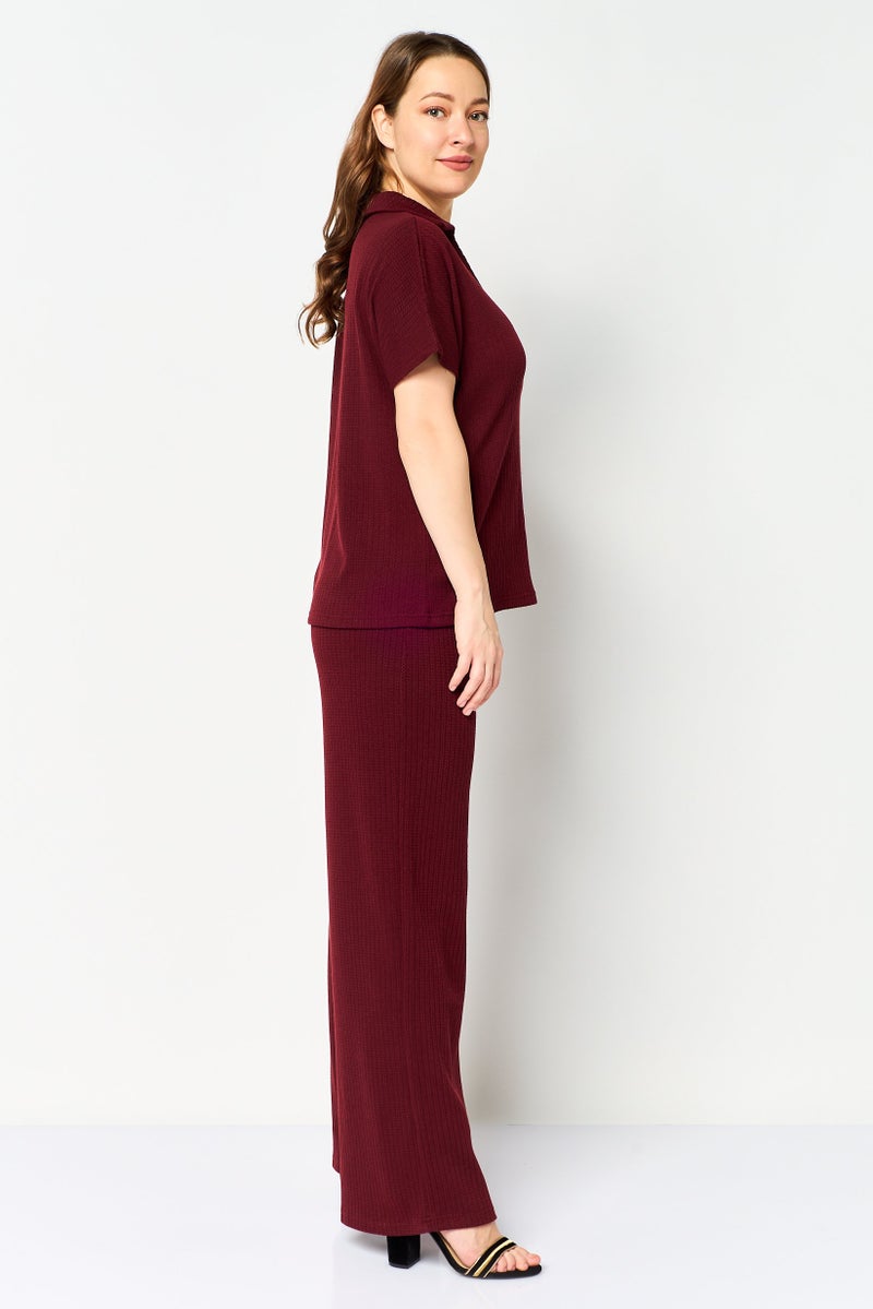 Aeropostale Women 2 Pcs Textured Short Sleeve Blouse And Bottom Set, Maroon - Image 2