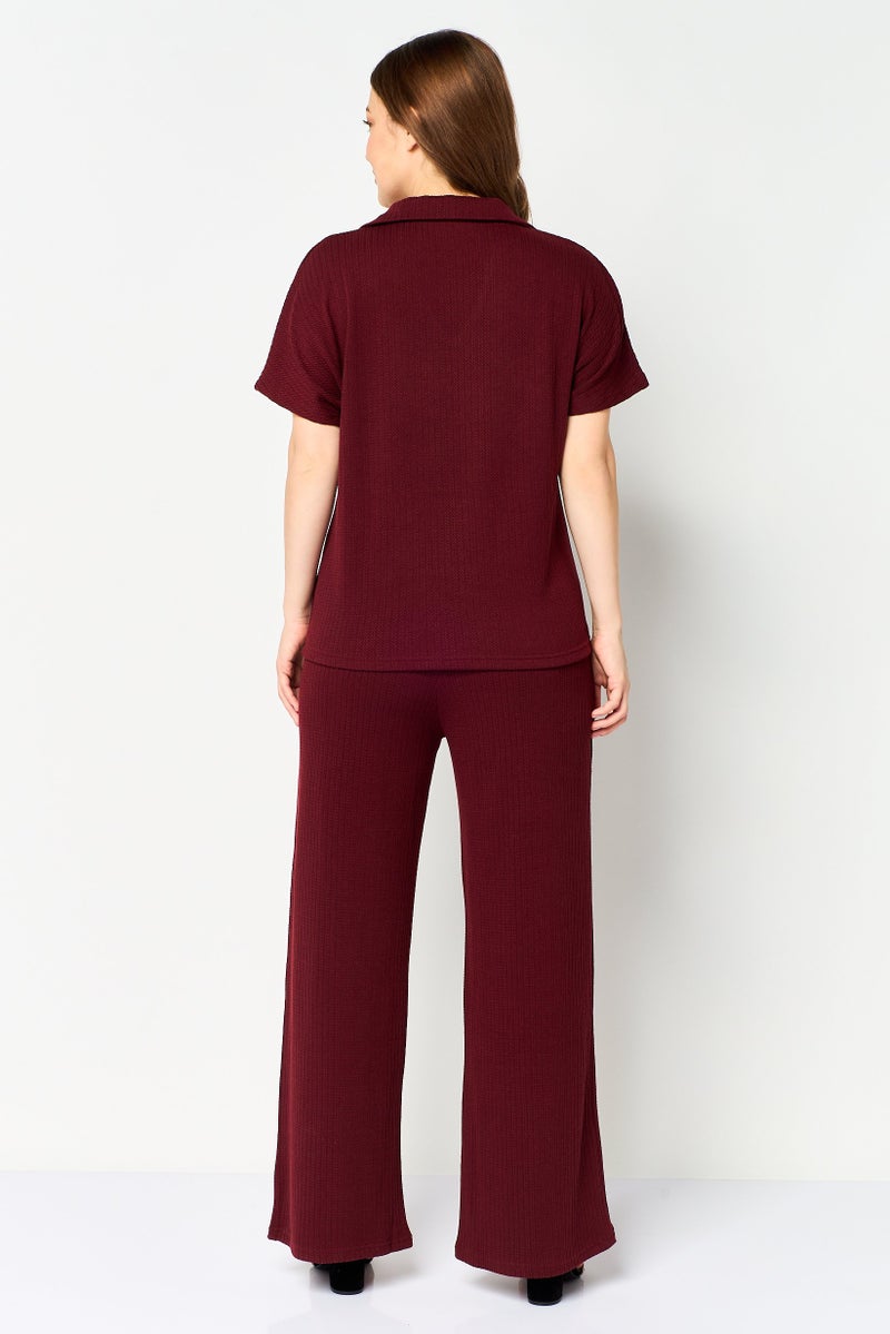 Aeropostale Women 2 Pcs Textured Short Sleeve Blouse And Bottom Set, Maroon - Image 4