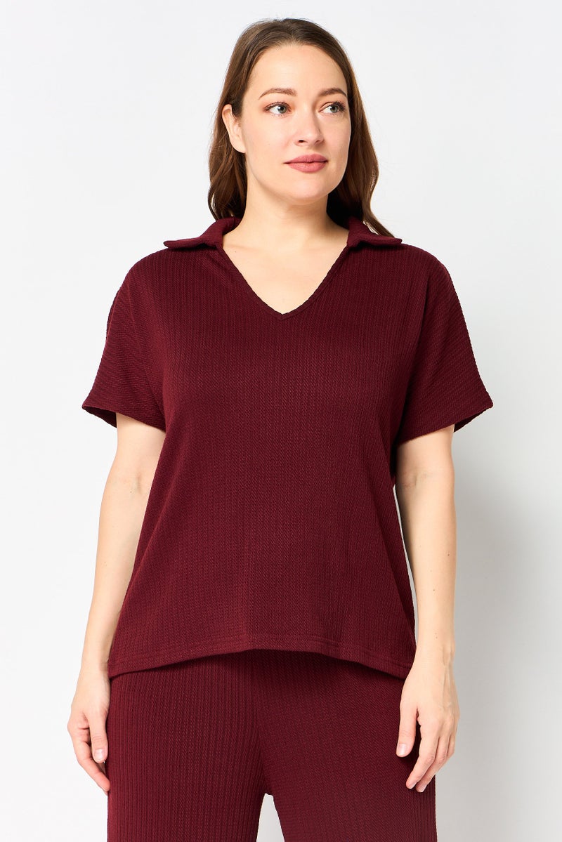 Aeropostale Women 2 Pcs Textured Short Sleeve Blouse And Bottom Set, Maroon - Image 3