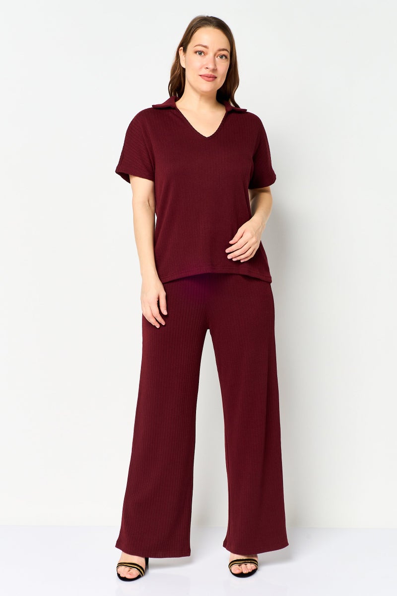 Aeropostale Women 2 Pcs Textured Short Sleeve Blouse And Bottom Set, Maroon - Image 1