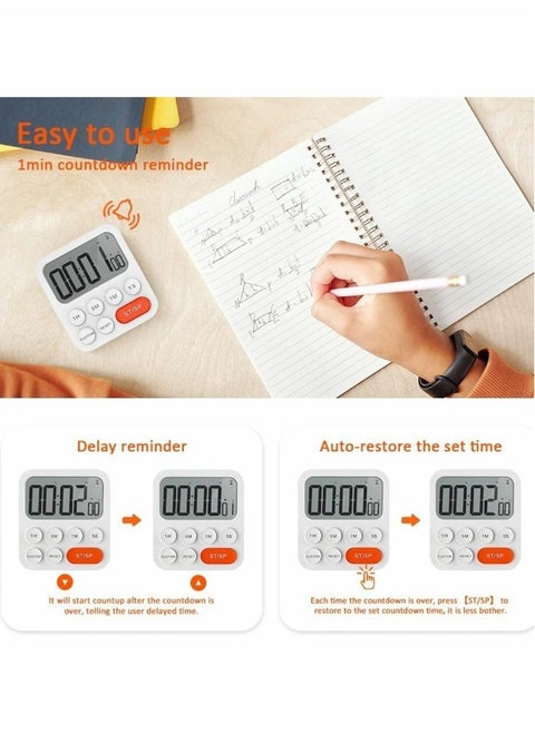 Timer, Kitchen Timer, Timer for Kids, Digital Timer for Cooking, Egg Timer, Magnetic Timer Clock with Large LCD Display for Classroom, Bathroom, Baking, 3 Levels Volume, Shortcut Setting (White)