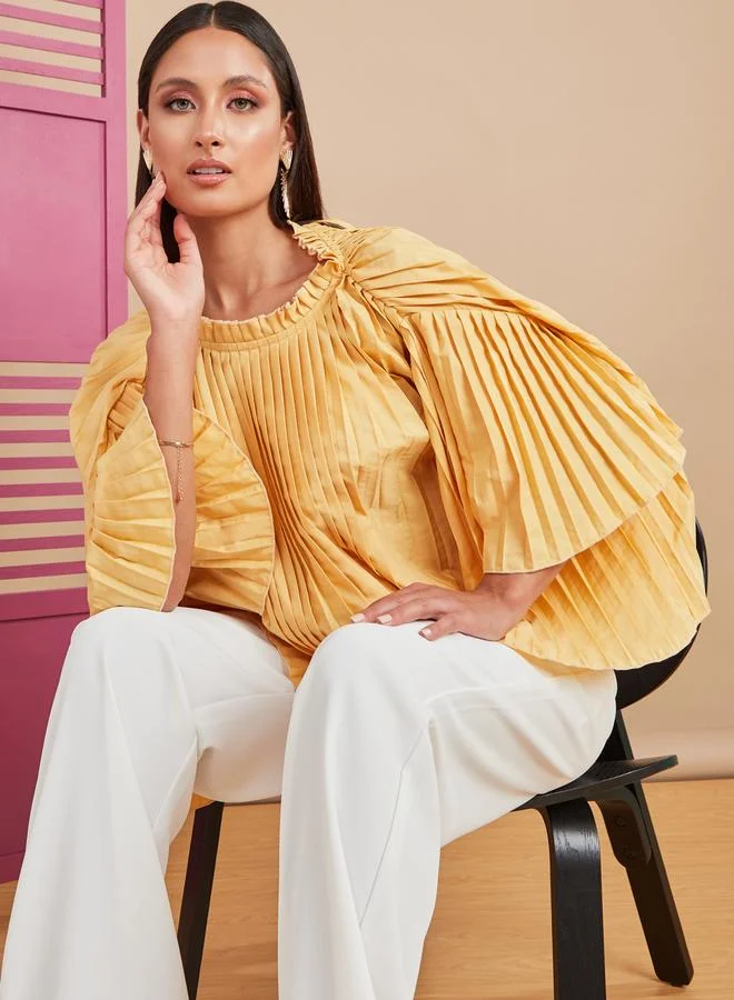 كلوزيت Beige Cropped Volume Sleeves Pleated Top